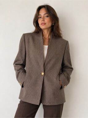 Vintage Pendleton Brown Patterned Single-Button Blazer with Gold Buttons Size 14
